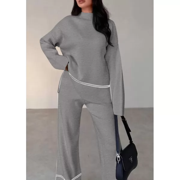 PRETTYGARDEN Womens Fall 2 Piece Outfits Long Sleeve Pullover Sweater Wide Leg Pants Lounge Sets TracksuitsGrey