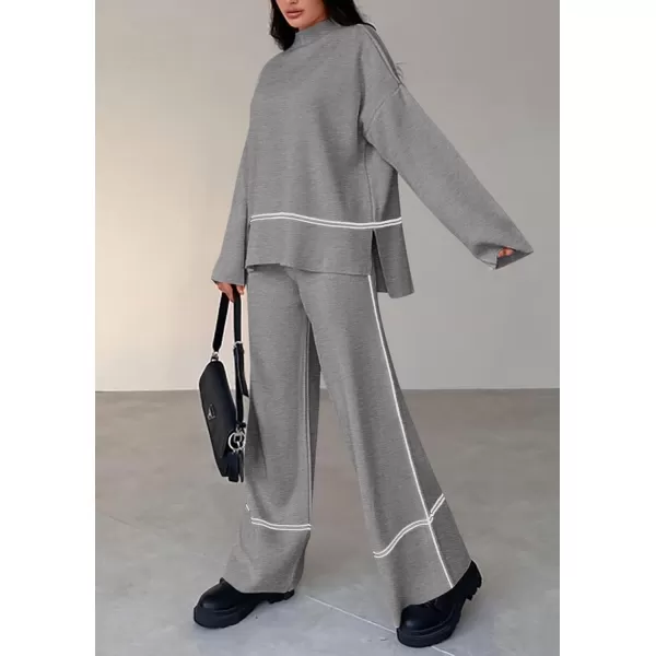 PRETTYGARDEN Womens Fall 2 Piece Outfits Long Sleeve Pullover Sweater Wide Leg Pants Lounge Sets TracksuitsGrey