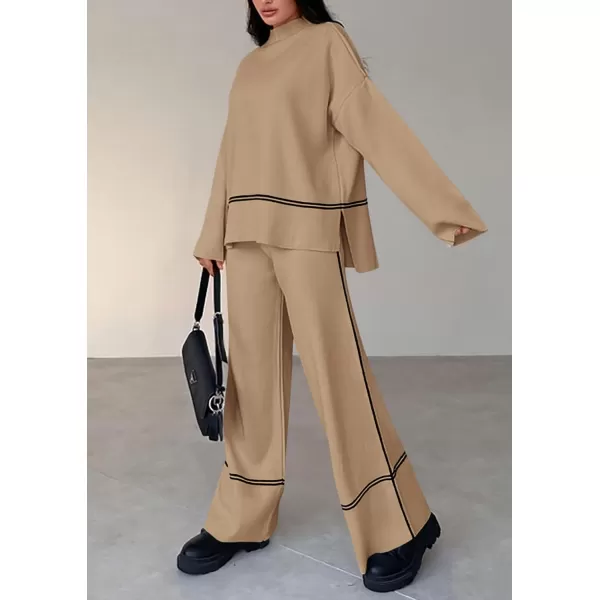 PRETTYGARDEN Womens Fall 2 Piece Outfits Long Sleeve Pullover Sweater Wide Leg Pants Lounge Sets TracksuitsKhaki
