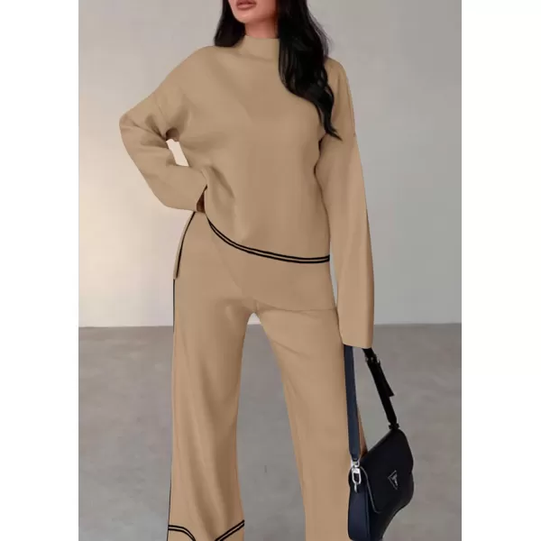 PRETTYGARDEN Womens Fall 2 Piece Outfits Long Sleeve Pullover Sweater Wide Leg Pants Lounge Sets TracksuitsKhaki