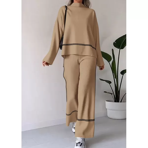 PRETTYGARDEN Womens Fall 2 Piece Outfits Long Sleeve Pullover Sweater Wide Leg Pants Lounge Sets TracksuitsKhaki