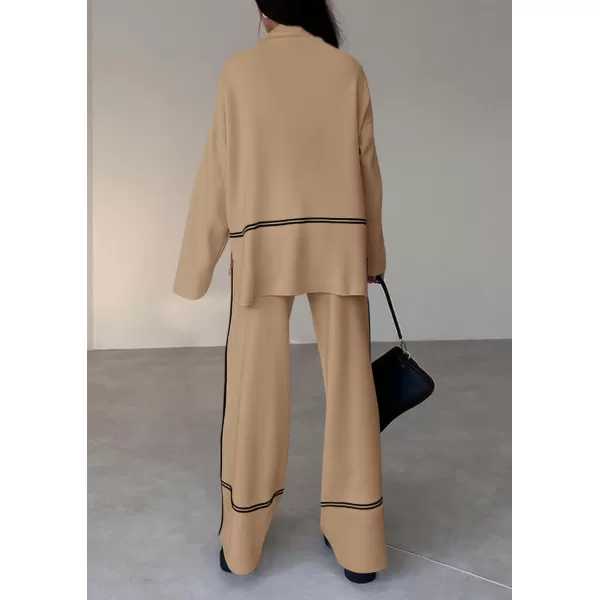 PRETTYGARDEN Womens Fall 2 Piece Outfits Long Sleeve Pullover Sweater Wide Leg Pants Lounge Sets TracksuitsKhaki