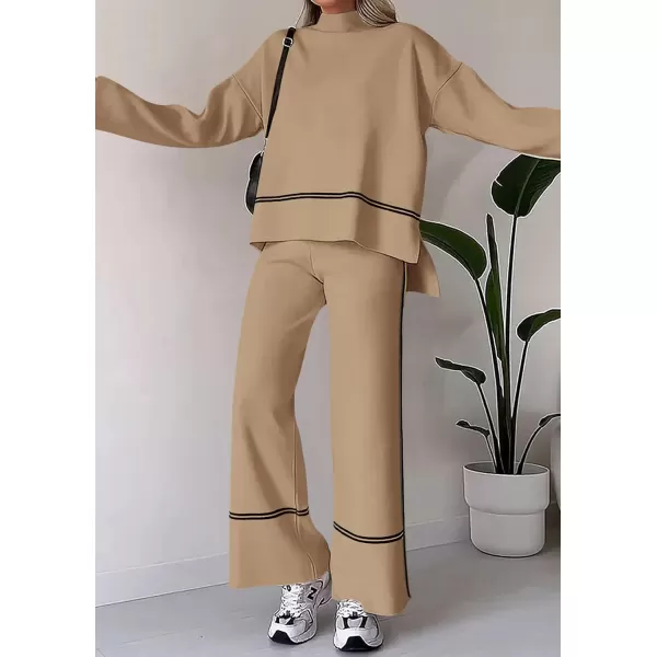 PRETTYGARDEN Womens Fall 2 Piece Outfits Long Sleeve Pullover Sweater Wide Leg Pants Lounge Sets TracksuitsKhaki