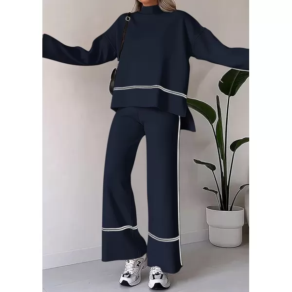 PRETTYGARDEN Womens Fall 2 Piece Outfits Long Sleeve Pullover Sweater Wide Leg Pants Lounge Sets TracksuitsNavy