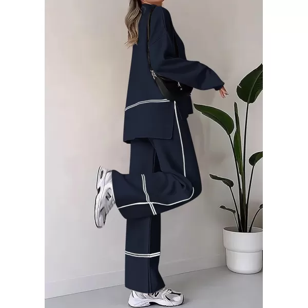 PRETTYGARDEN Womens Fall 2 Piece Outfits Long Sleeve Pullover Sweater Wide Leg Pants Lounge Sets TracksuitsNavy