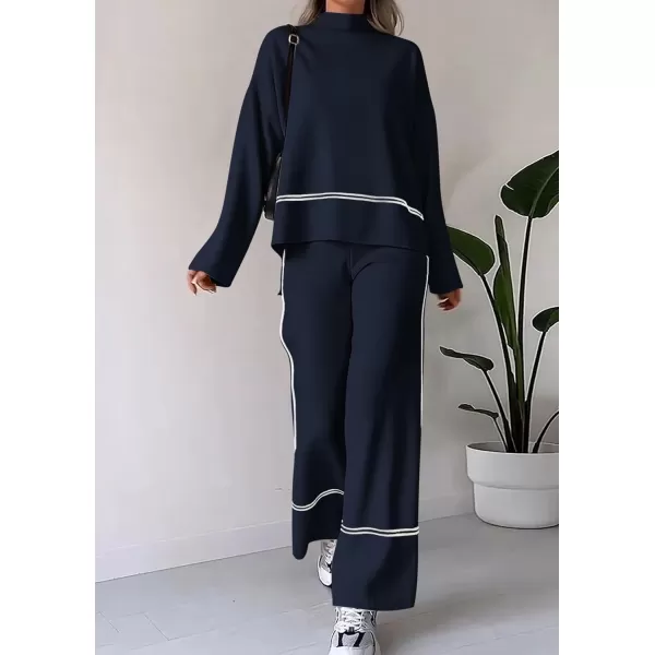 PRETTYGARDEN Womens Fall 2 Piece Outfits Long Sleeve Pullover Sweater Wide Leg Pants Lounge Sets TracksuitsNavy