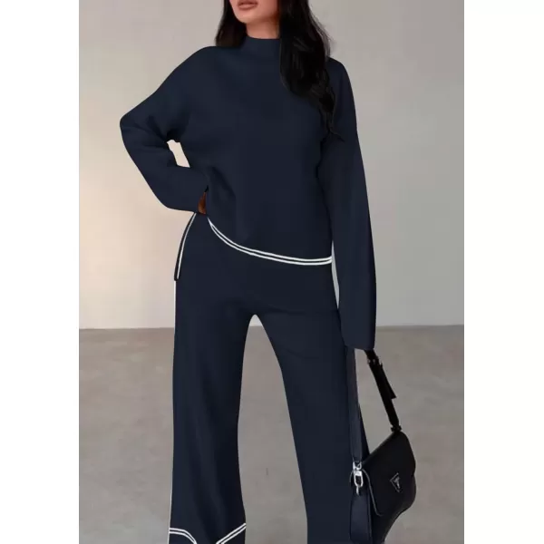 PRETTYGARDEN Womens Fall 2 Piece Outfits Long Sleeve Pullover Sweater Wide Leg Pants Lounge Sets TracksuitsNavy