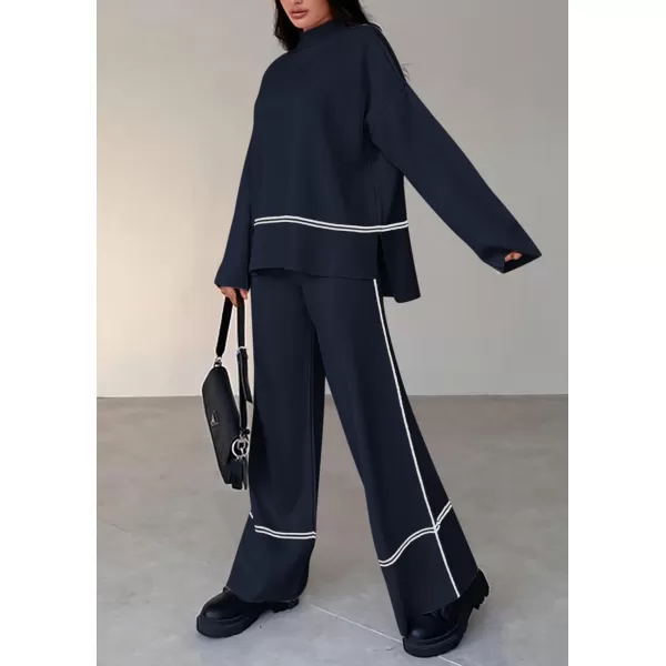 PRETTYGARDEN Womens Fall 2 Piece Outfits Long Sleeve Pullover Sweater Wide Leg Pants Lounge Sets TracksuitsNavy