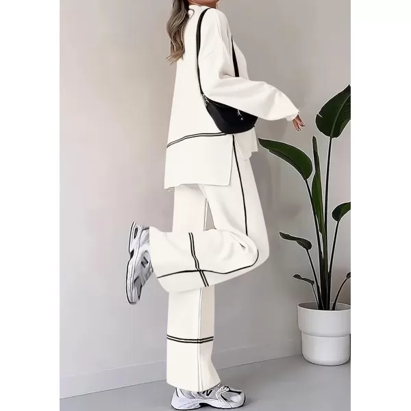 PRETTYGARDEN Womens Fall 2 Piece Outfits Long Sleeve Pullover Sweater Wide Leg Pants Lounge Sets TracksuitsWhite