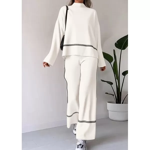 PRETTYGARDEN Womens Fall 2 Piece Outfits Long Sleeve Pullover Sweater Wide Leg Pants Lounge Sets TracksuitsWhite