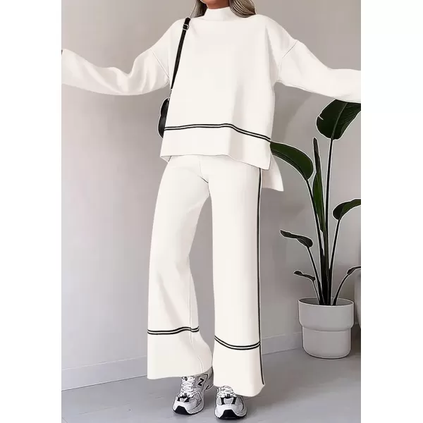 PRETTYGARDEN Womens Fall 2 Piece Outfits Long Sleeve Pullover Sweater Wide Leg Pants Lounge Sets TracksuitsWhite