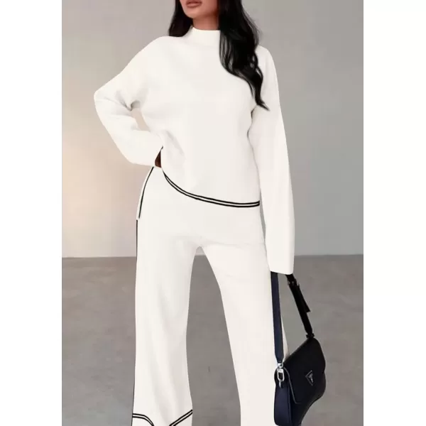 PRETTYGARDEN Womens Fall 2 Piece Outfits Long Sleeve Pullover Sweater Wide Leg Pants Lounge Sets TracksuitsWhite