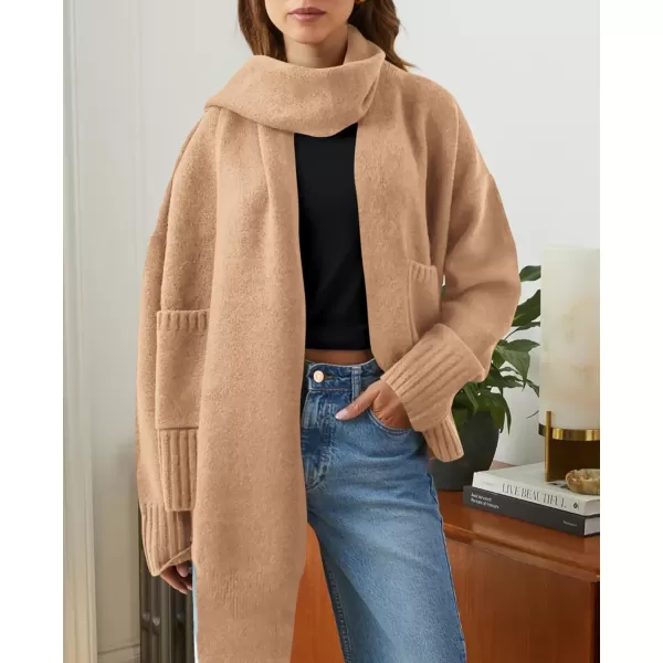 PRETTYGARDEN Womens Fall Fashion Knit Cardigan Sweaters Long Sleeve V Neck Open Front Sweater Jacket with ScarfApricot