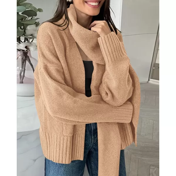 PRETTYGARDEN Womens Fall Fashion Knit Cardigan Sweaters Long Sleeve V Neck Open Front Sweater Jacket with ScarfApricot