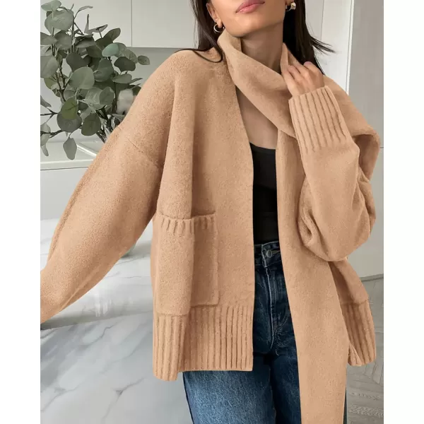 PRETTYGARDEN Womens Fall Fashion Knit Cardigan Sweaters Long Sleeve V Neck Open Front Sweater Jacket with ScarfApricot