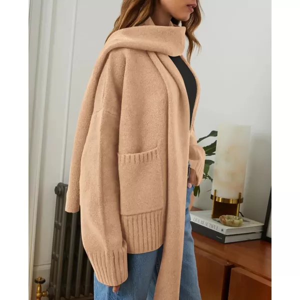 PRETTYGARDEN Womens Fall Fashion Knit Cardigan Sweaters Long Sleeve V Neck Open Front Sweater Jacket with ScarfApricot