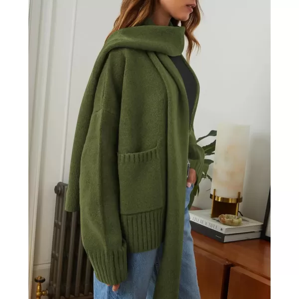 PRETTYGARDEN Womens Fall Fashion Knit Cardigan Sweaters Long Sleeve V Neck Open Front Sweater Jacket with ScarfArmy Green