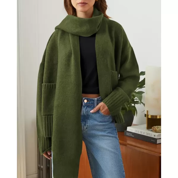 PRETTYGARDEN Womens Fall Fashion Knit Cardigan Sweaters Long Sleeve V Neck Open Front Sweater Jacket with ScarfArmy Green