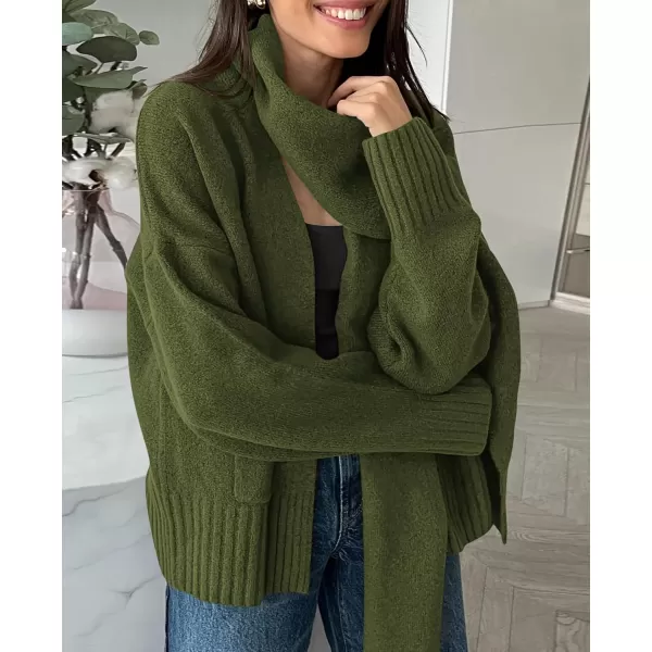 PRETTYGARDEN Womens Fall Fashion Knit Cardigan Sweaters Long Sleeve V Neck Open Front Sweater Jacket with ScarfArmy Green