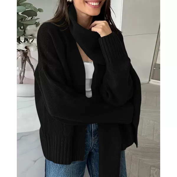 PRETTYGARDEN Womens Fall Fashion Knit Cardigan Sweaters Long Sleeve V Neck Open Front Sweater Jacket with ScarfBlack