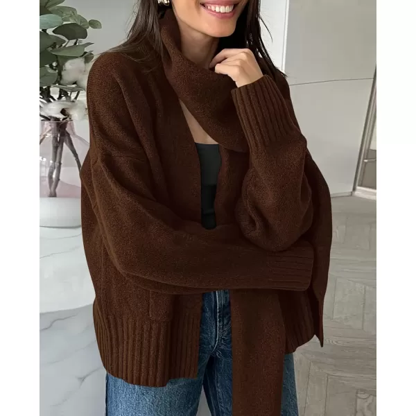 PRETTYGARDEN Womens Fall Fashion Knit Cardigan Sweaters Long Sleeve V Neck Open Front Sweater Jacket with ScarfDark Coffee