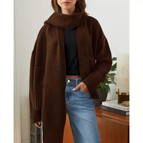 PRETTYGARDEN Womens Fall Fashion Knit Cardigan Sweaters Long Sleeve V Neck Open Front Sweater Jacket with ScarfDark Coffee
