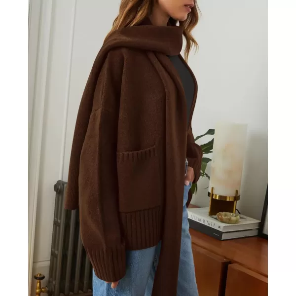 PRETTYGARDEN Womens Fall Fashion Knit Cardigan Sweaters Long Sleeve V Neck Open Front Sweater Jacket with ScarfDark Coffee