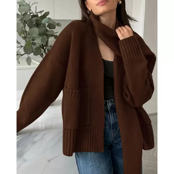 PRETTYGARDEN Womens Fall Fashion Knit Cardigan Sweaters Long Sleeve V Neck Open Front Sweater Jacket with ScarfDark Coffee