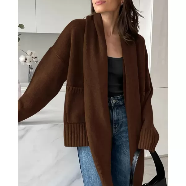 PRETTYGARDEN Womens Fall Fashion Knit Cardigan Sweaters Long Sleeve V Neck Open Front Sweater Jacket with ScarfDark Coffee