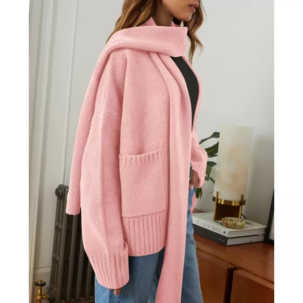 PRETTYGARDEN Womens Fall Fashion Knit Cardigan Sweaters Long Sleeve V Neck Open Front Sweater Jacket with ScarfLight Pink