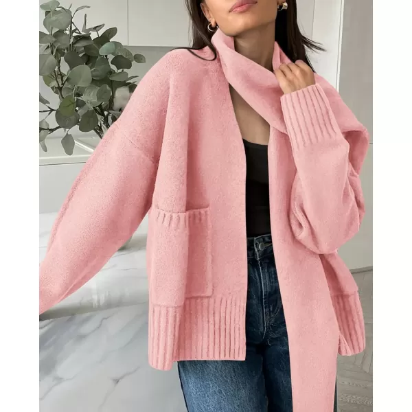 PRETTYGARDEN Womens Fall Fashion Knit Cardigan Sweaters Long Sleeve V Neck Open Front Sweater Jacket with ScarfLight Pink