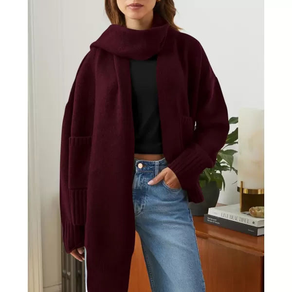 PRETTYGARDEN Womens Fall Fashion Knit Cardigan Sweaters Long Sleeve V Neck Open Front Sweater Jacket with ScarfWine Red