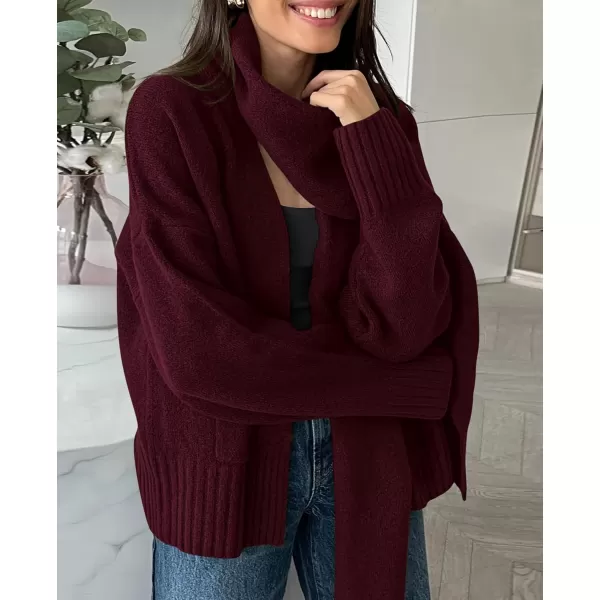PRETTYGARDEN Womens Fall Fashion Knit Cardigan Sweaters Long Sleeve V Neck Open Front Sweater Jacket with ScarfWine Red