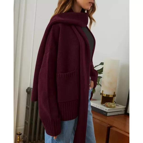 PRETTYGARDEN Womens Fall Fashion Knit Cardigan Sweaters Long Sleeve V Neck Open Front Sweater Jacket with ScarfWine Red