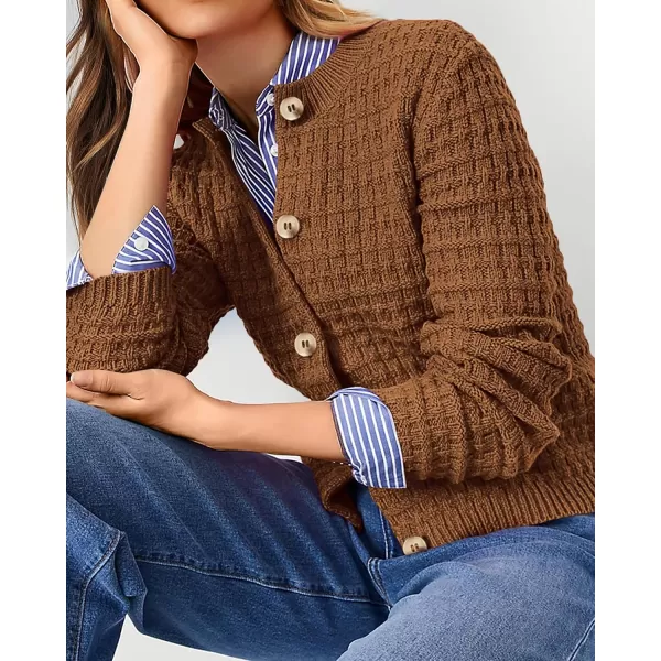 PRETTYGARDEN Womens Knit Cardigan Sweaters Casual Long Sleeve Open Front Button Down Trendy Jackets OuterwearCoffee