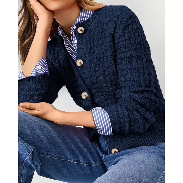 PRETTYGARDEN Womens Knit Cardigan Sweaters Casual Long Sleeve Open Front Button Down Trendy Jackets OuterwearDark Blue