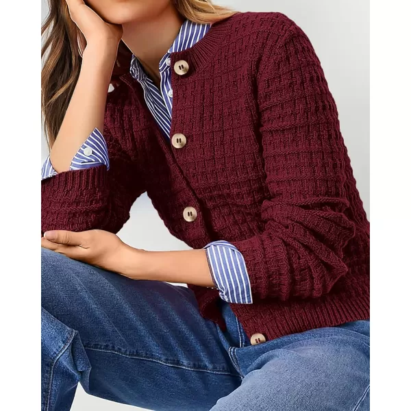 PRETTYGARDEN Womens Knit Cardigan Sweaters Casual Long Sleeve Open Front Button Down Trendy Jackets OuterwearWine Red