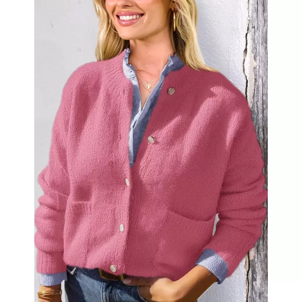 PRETTYGARDEN Womens Knit Cardigan Sweaters Casual Long Sleeve Open Front Button Up Ribbed Fall Sweater JacketsRose Red