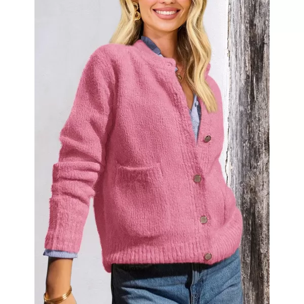 PRETTYGARDEN Womens Knit Cardigan Sweaters Casual Long Sleeve Open Front Button Up Ribbed Fall Sweater JacketsRose Red