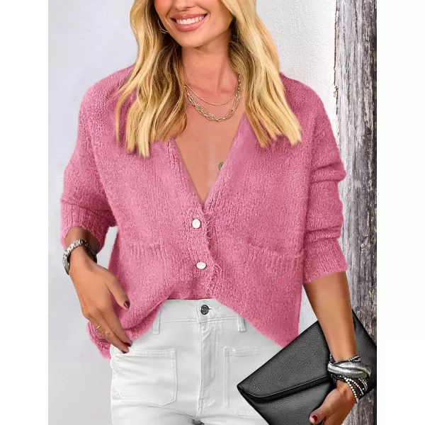 PRETTYGARDEN Womens Knit Cardigan Sweaters Casual Long Sleeve Open Front Button Up Ribbed Fall Sweater JacketsRose Red