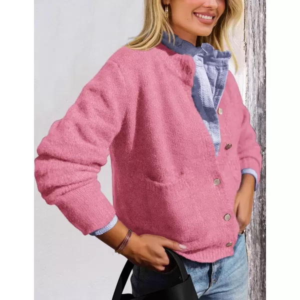 PRETTYGARDEN Womens Knit Cardigan Sweaters Casual Long Sleeve Open Front Button Up Ribbed Fall Sweater JacketsRose Red