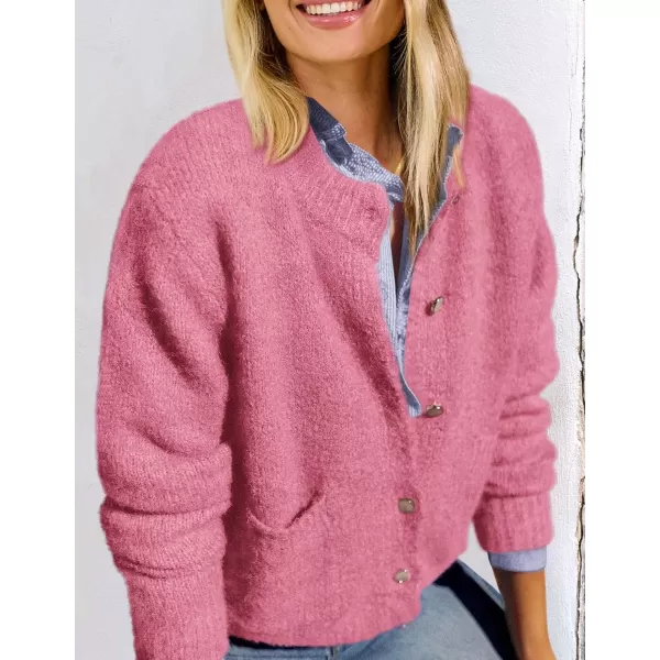 PRETTYGARDEN Womens Knit Cardigan Sweaters Casual Long Sleeve Open Front Button Up Ribbed Fall Sweater JacketsRose Red