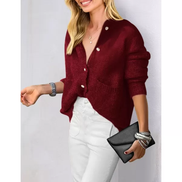 PRETTYGARDEN Womens Knit Cardigan Sweaters Casual Long Sleeve Open Front Button Up Ribbed Fall Sweater JacketsWine Red