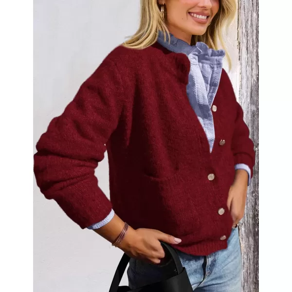 PRETTYGARDEN Womens Knit Cardigan Sweaters Casual Long Sleeve Open Front Button Up Ribbed Fall Sweater JacketsWine Red
