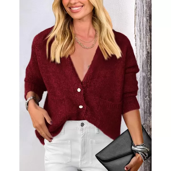 PRETTYGARDEN Womens Knit Cardigan Sweaters Casual Long Sleeve Open Front Button Up Ribbed Fall Sweater JacketsWine Red