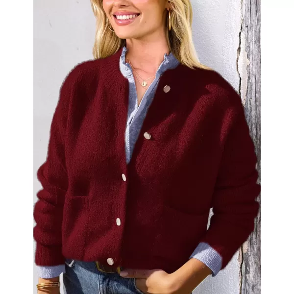 PRETTYGARDEN Womens Knit Cardigan Sweaters Casual Long Sleeve Open Front Button Up Ribbed Fall Sweater JacketsWine Red