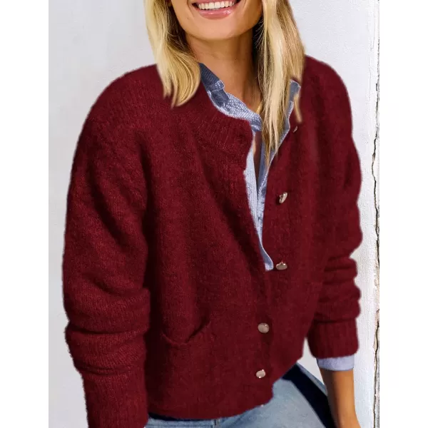 PRETTYGARDEN Womens Knit Cardigan Sweaters Casual Long Sleeve Open Front Button Up Ribbed Fall Sweater JacketsWine Red
