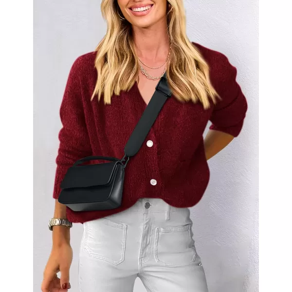 PRETTYGARDEN Womens Knit Cardigan Sweaters Casual Long Sleeve Open Front Button Up Ribbed Fall Sweater JacketsWine Red