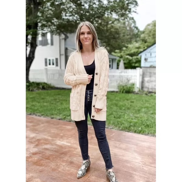 PRETTYGARDEN Womens Open Front Cardigan Sweaters Fashion Button Down Cable Knit Chunky Outwear CoatsBeige
