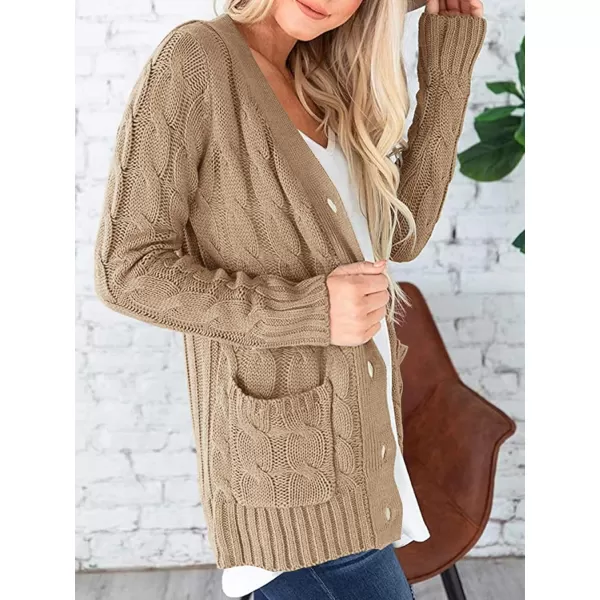 PRETTYGARDEN Womens Open Front Cardigan Sweaters Fashion Button Down Cable Knit Chunky Outwear CoatsKhaki
